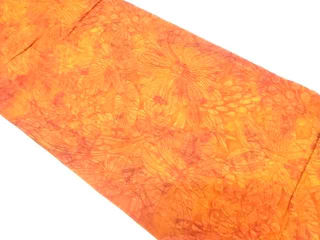 纐纈　草花模様織り出し　暈し全通袋帯